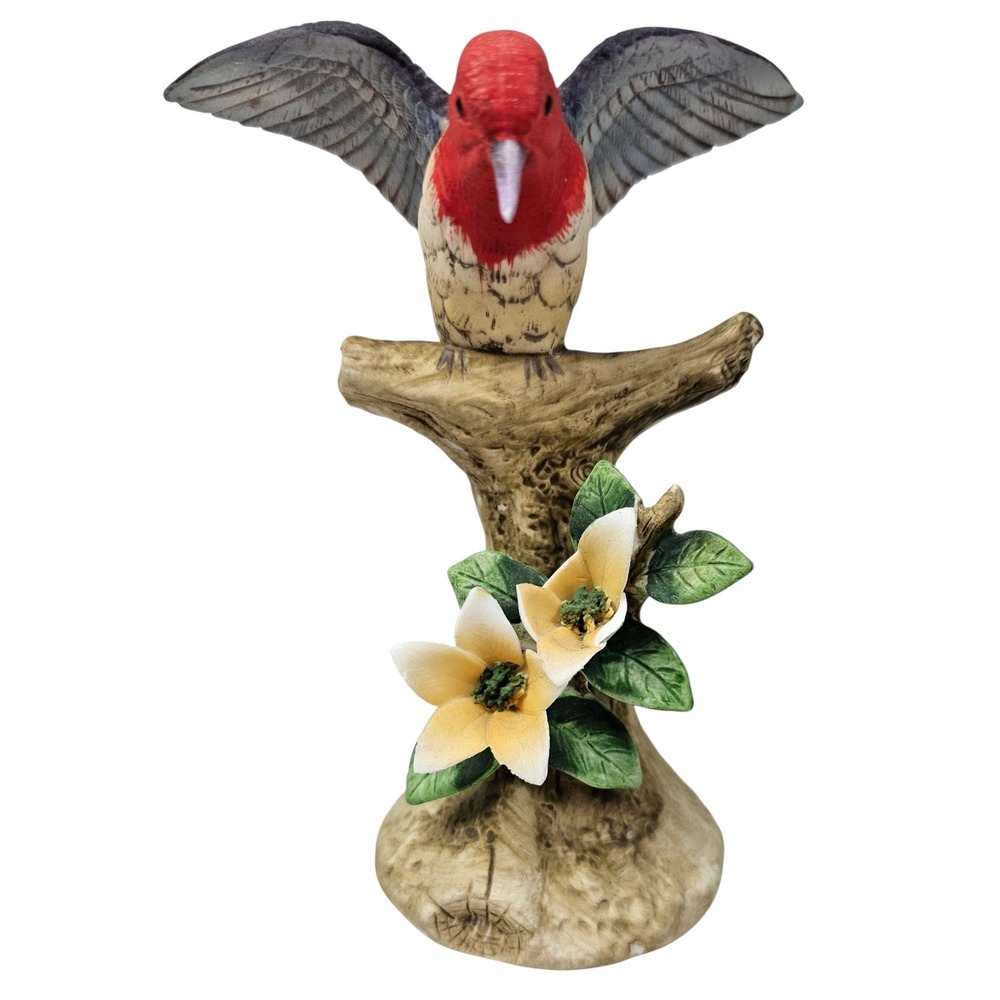 Vintage Lefton Porcelain Red Headed Hummingbird Figurine on Flower Branch Decor